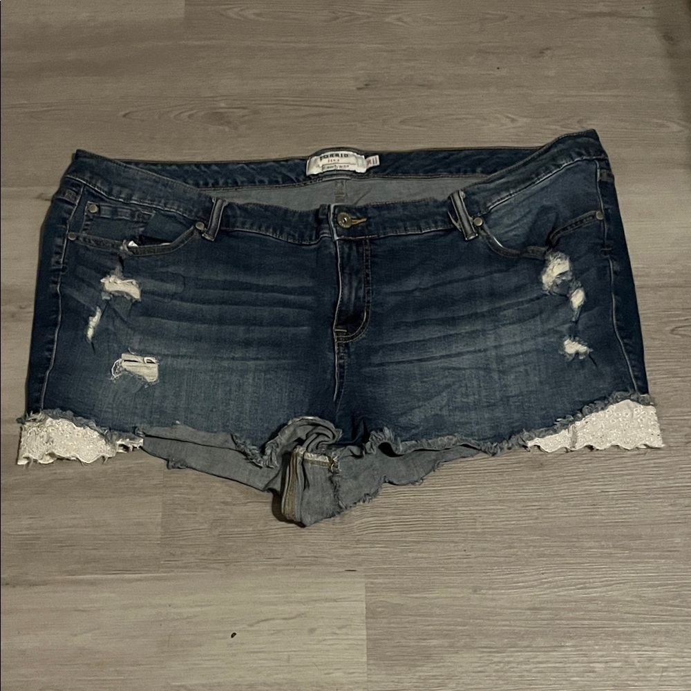 Torrid Dark Blue Jean Shorts with Lace Trim
